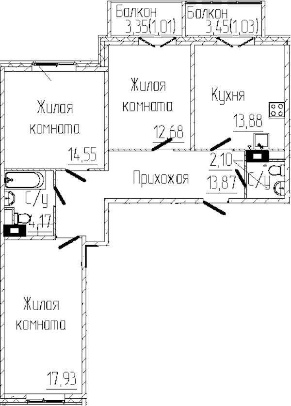 3-комнатная квартира 81.22 м², 8/8 эт., ЖК «SERTOLOVO PARK»